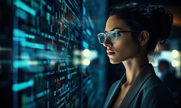 Photo an attractive woman wearing glasses looks at the codes on the screen