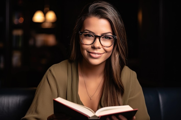 An attractive woman wearing glasses smiling at you while holding a book