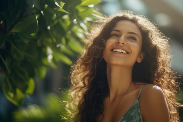 Attractive woman with curly brown hair smiles in tranquil sunlight