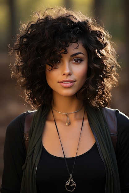 Attractive Woman with Dark Attire and Jewelry on Black Background