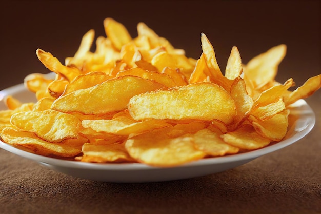 Attractive yellow french fries laid out on plate for quick snack for lunch