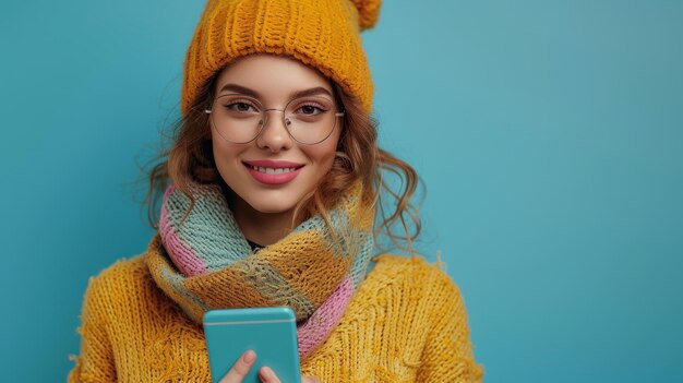 An attractive young adult holding a mobile phone device while doing ecommerce online shopping on the phone using apps on the cellphone standing isolated against a blue background