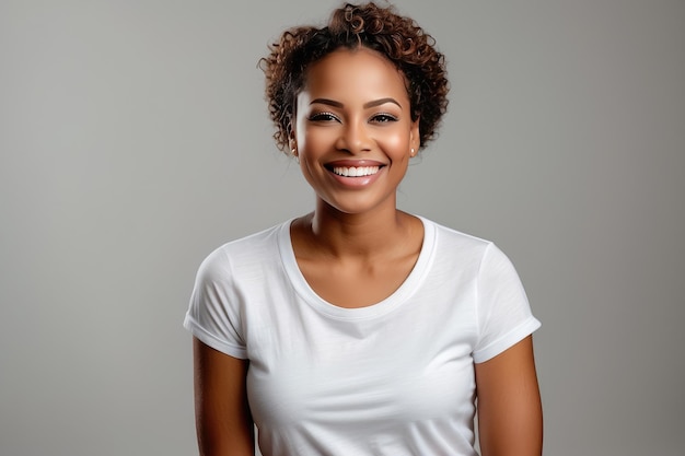 Attractive young African American woman with dressed white basic tshirt