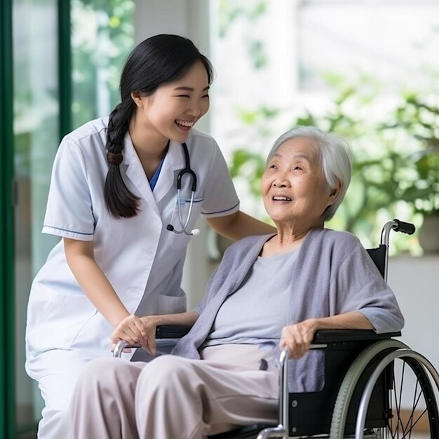 attractive young asian female nurse kneeling beside senior patient in wheelchair talking smiling and