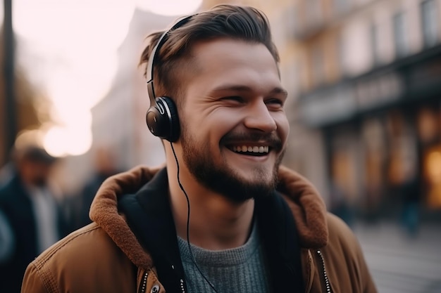 Photo attractive young bearded man listening to music on the street ai generated
