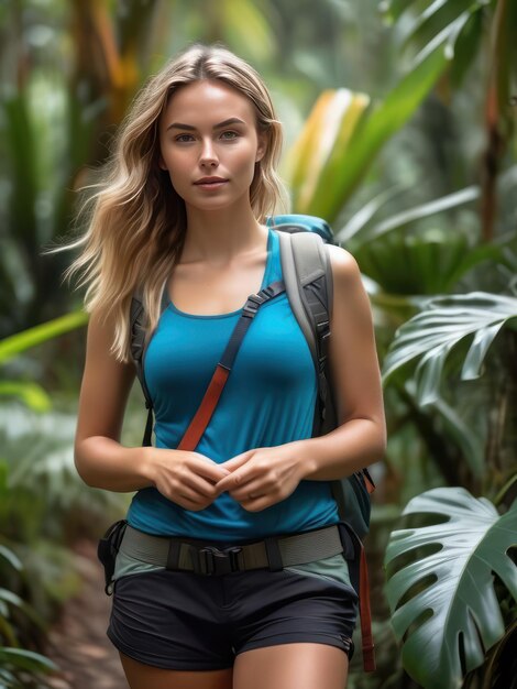 attractive young beautiful girl hiking at a rainforest