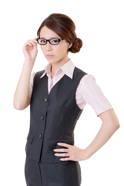 Attractive young business woman of Asian, closeup portrait on white wall.