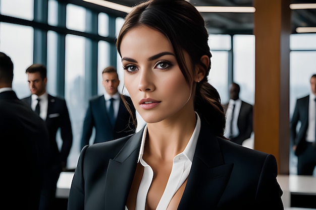 attractive young businesswoman in suit looking at camera while colleagues standing in office