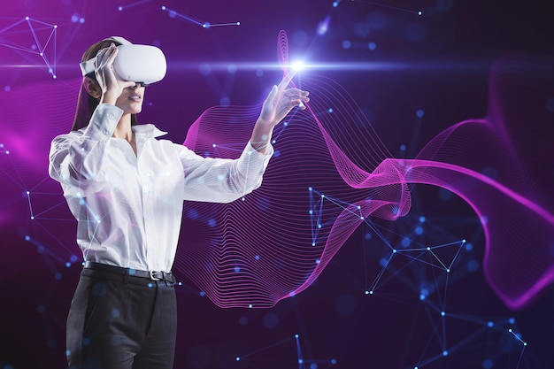 Attractive young businesswoman with VR glasses on creative glowing purple metaverse space background Abstract world and innovation concept