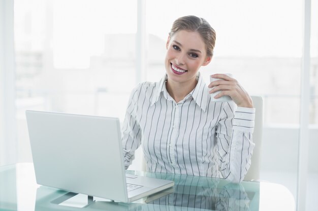 Attractive young businesswoman working with her notebook smiling at camera