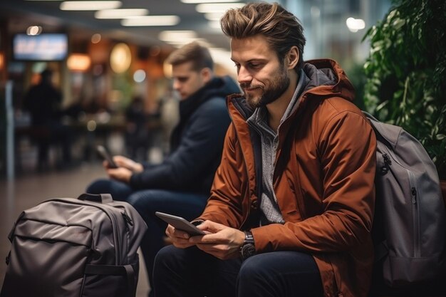 Attractive young Caucasian man using smart phone sitting with luggage in waiting room of an airport subway railway station