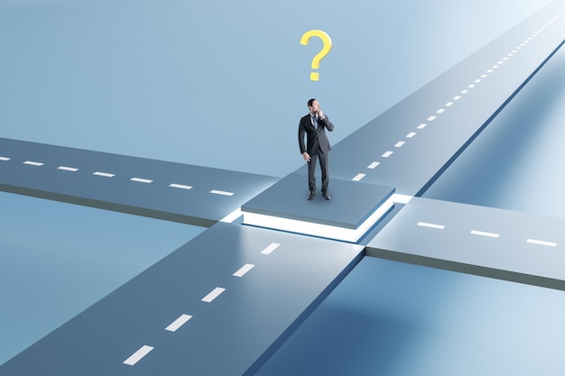 Attractive young european businessman standing at crossroads with question Solution way and direction concept