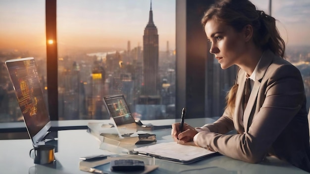 Attractive young european businesswoman writing in notepad while leaning on desk with laptop and glo