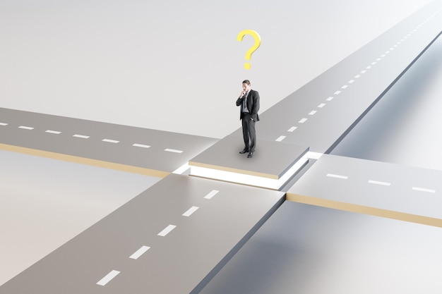 Attractive young european man standing at crossroads with question.