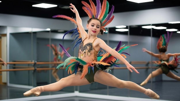 Photo attractive young female dancer in special feather costume is dacing at studio