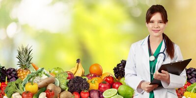 Привлекательная молодая женщина-врач на заднем плане с фруктами, концепция здорового питания