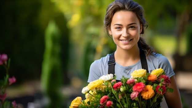 Attractive young female florist holding a bouquet of flowers