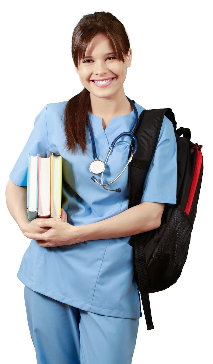 Photo attractive young female medical student with backpack and books on white background