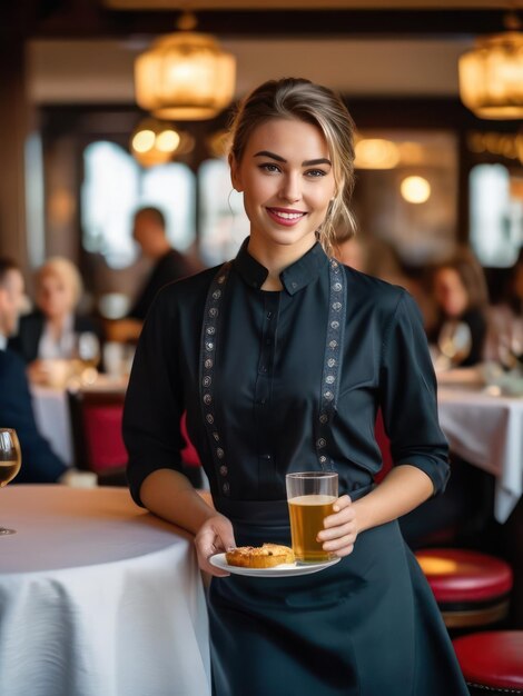 Photo attractive young female waitress at the restaurant