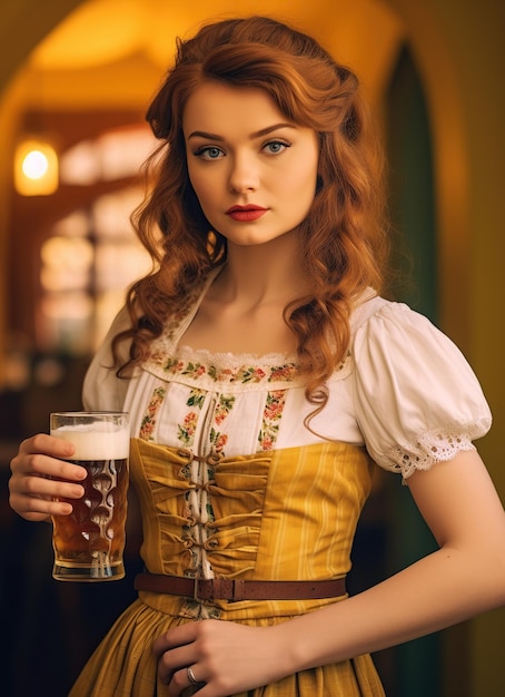 Attractive young girl in yellow bavarian costume celebrating oktoberfes