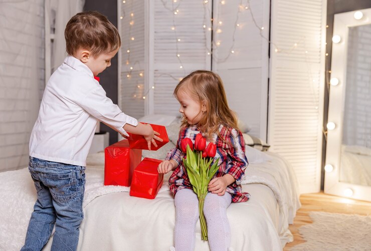 Attractive young kids forever friends little girl and boy enjoy life