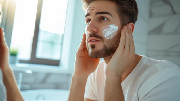 Attractive young man applying cream at his face and looking at himself in front of the mirror