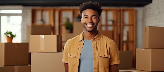 Attractive young man smiling in room with boxes enjoying moving day empty area