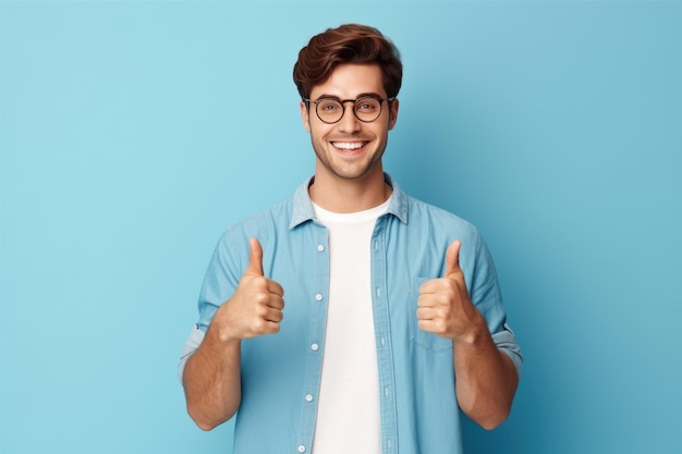 Attractive young man wearing glasses smile thumb up