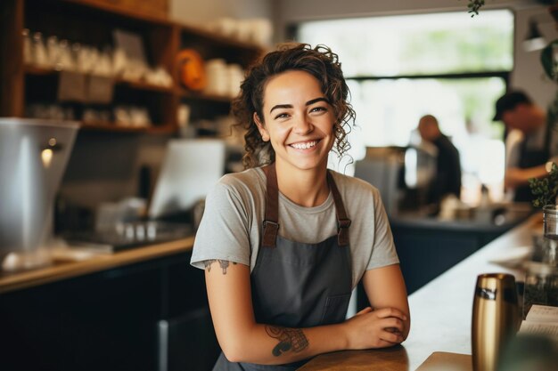 コーヒーショップのカウンターで魅力的な若い女性が優しく笑顔でカメラを見ています