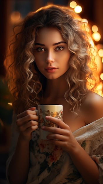 Привлекательная молодая женщина наслаждается утренним солнцем, держа чашку кофе. Генеративный ИИ.