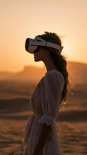 Photo attractive young woman enjoying vr box in desert in a white dress generative ai