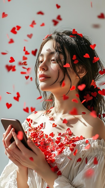 Attractive young woman holding smartphone and heart shape confetti falling Generative AI