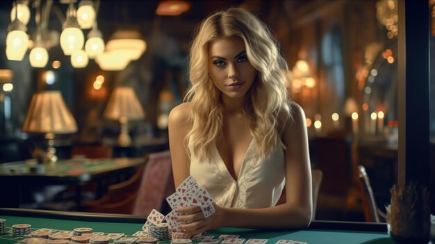 ポーカーカードの勝利の組み合わせを保持している魅力的な若い女性