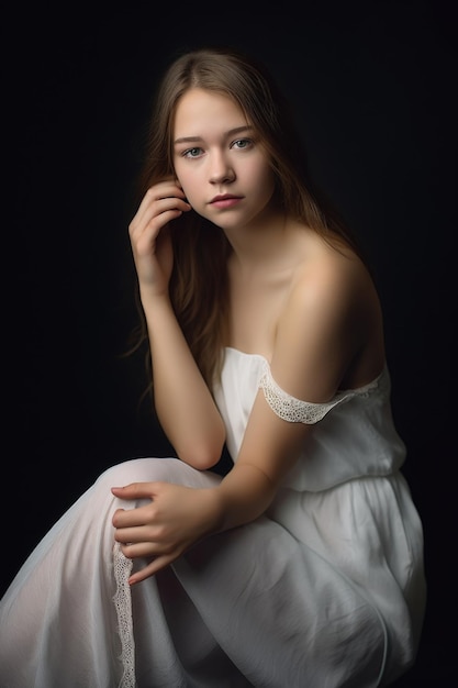 An attractive young woman in a long white dress