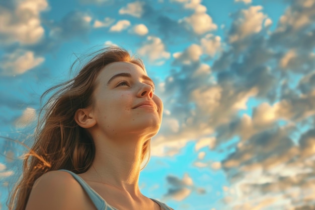 Attractive young woman looking up to the beautiful sky with feelings of hope and happiness