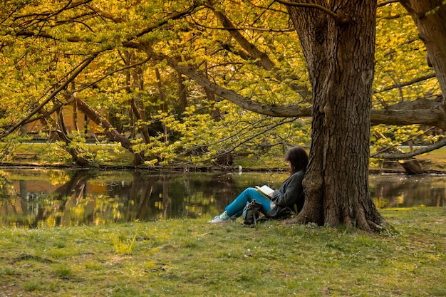 緑豊かな公共公園の芝生の上に座って本を読んでいる魅力的な若い女性 春の屋外 自然との緑の団結 オープンエアで自由な時間を過ごす