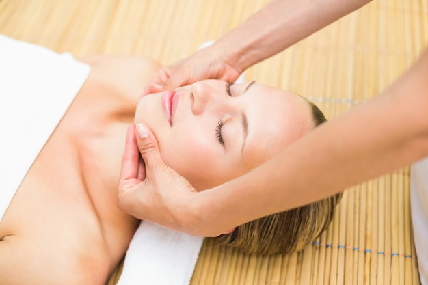Giovane donna attraente che riceve massaggio facciale al centro termale