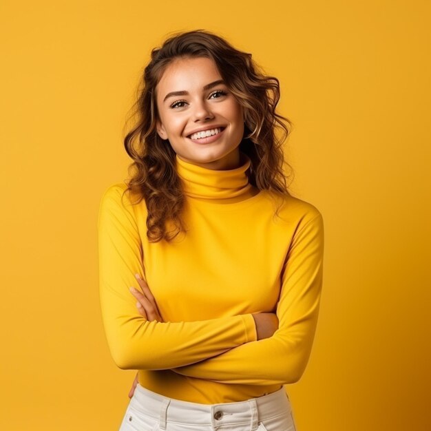 An attractive young woman sitting on the floor isolated on a yellow background in a close shot