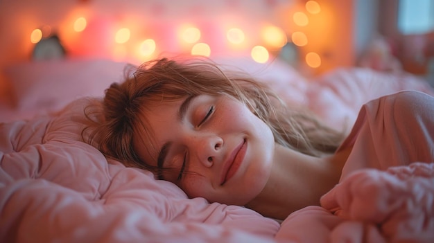 Attractive young woman sleeping in a white bed in the morning