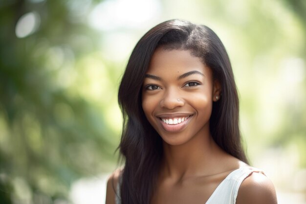 An attractive young woman smiling while standing outdoors created with generative ai