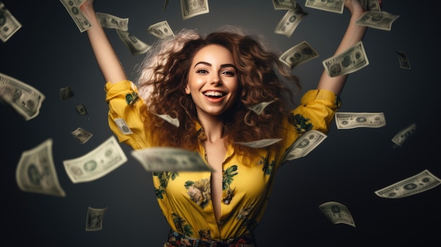 Attractive young woman stands under money fly rain Created with Generative AI technology