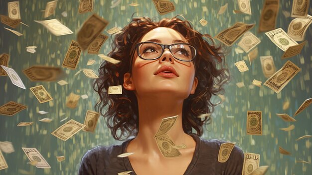 Photo attractive young woman success concept money rain