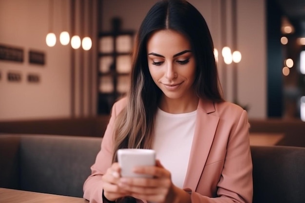 attractive young woman using a smartphone and drinking cup of tea while standing at the kitchen at