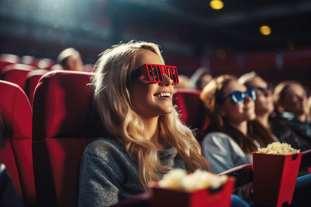 Attractive young woman watching a movie in the popcorn hall