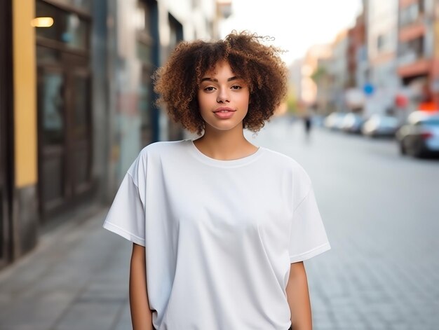 デザインテンプレート用の空白の大きさの白いTシャツを着た魅力的な若い女性