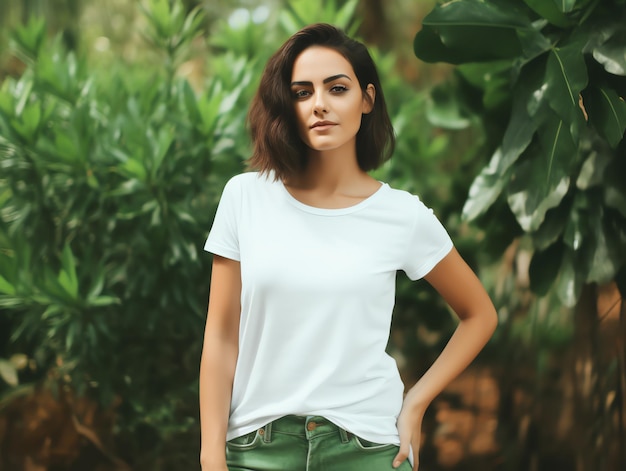 Attractive young woman wearing blank empty white tshirt mockup for design template