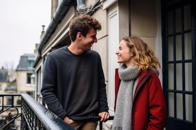 Attractive young woman with blonde hair looking at her boyfriend and smiling while he fixing her