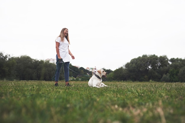 屋外の犬を持つ魅力的な若い女性。ラブラドル・レトリーバー犬と緑の芝生の上の女性