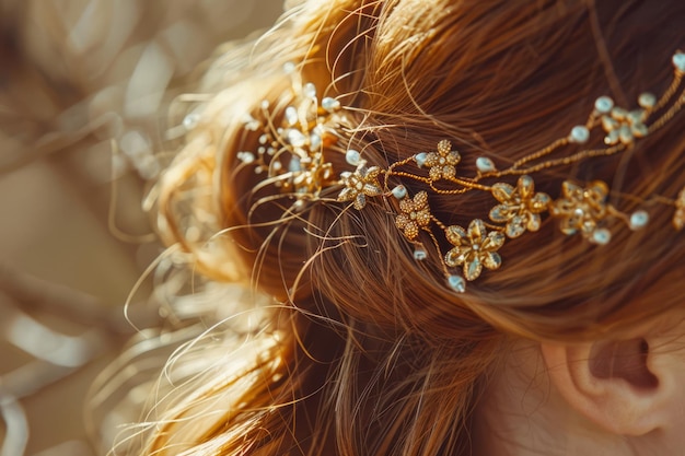 Photo attractive young woman with metallic golden hair accessory generative ai