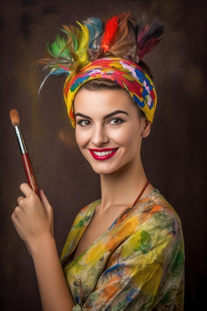 An attractive young woman with a paintbrush on her head